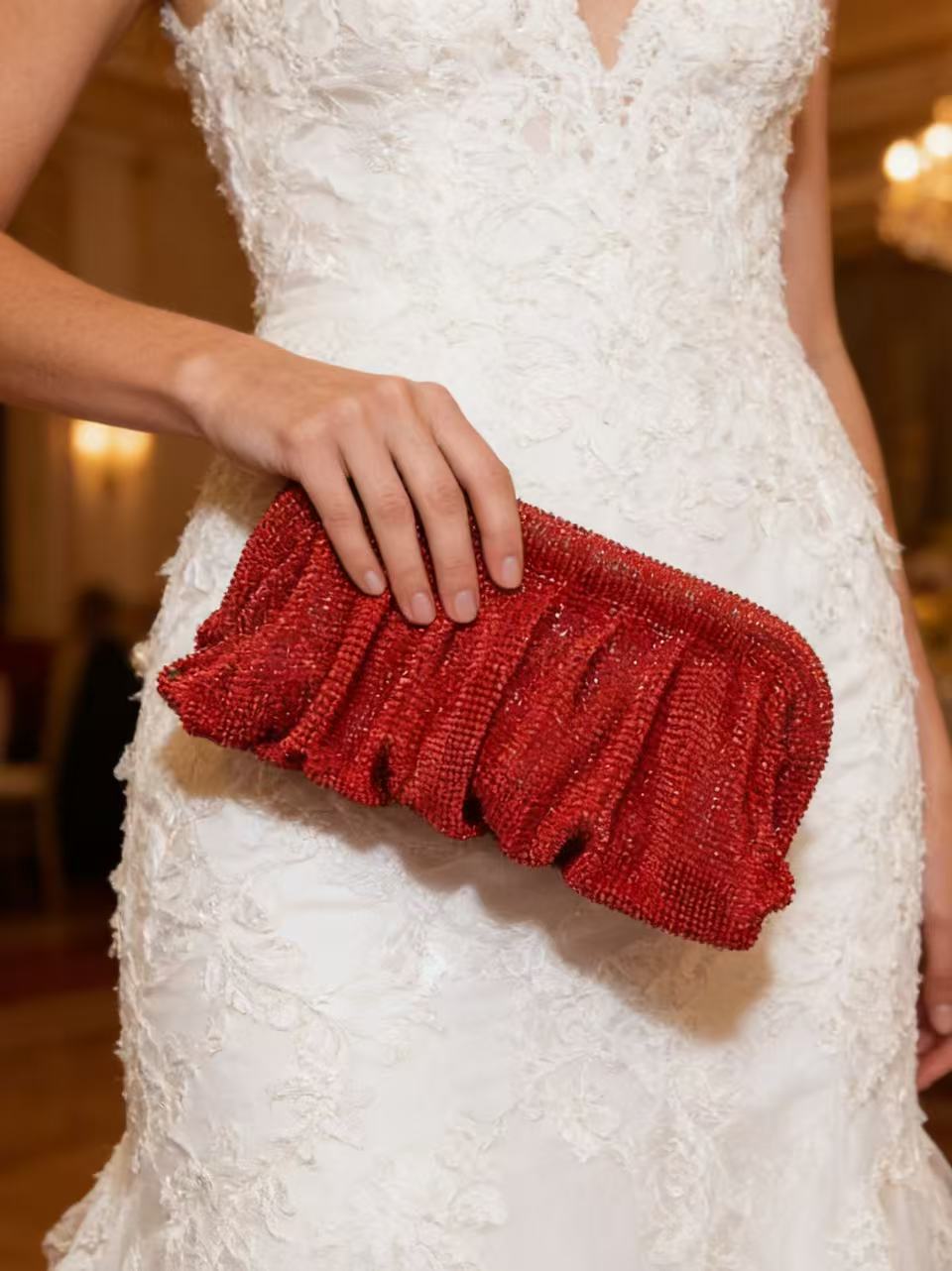 Wallet Chain Bag - Red Aluminum Mesh Rhinestone Pleated Cloud