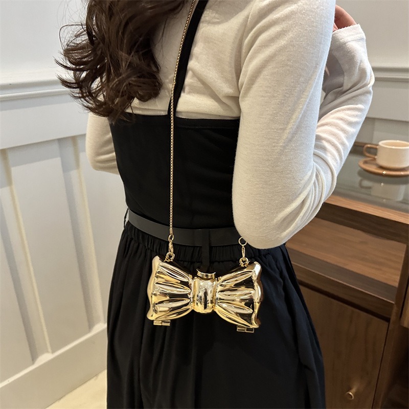 Glossy Gold Metal Bow Shaped M - Wallet Chain Bag review and price